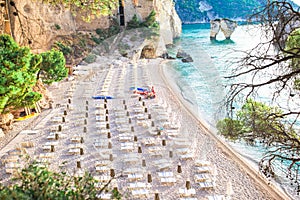 Mattinata Faraglioni stacks and beach coast of Mergoli, Vieste Gargano, Apulia, Italy.