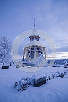 Mattmar church belltower vinter evening