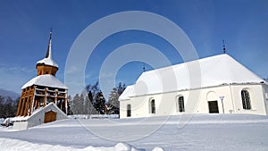 Mattmar church and Belltower in winter in Jamtland in Sweden