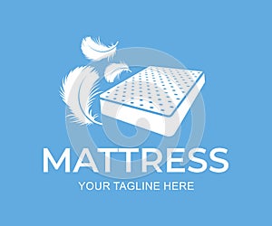 Mattress with down and feathers, logo design. Furniture and bedding, vector design