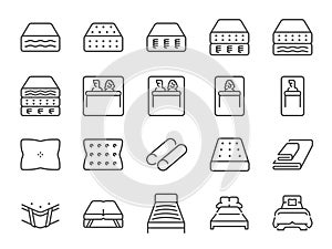 Mattress icon set. It included the bed, pillow, material, sleep and more icons.