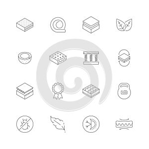 Mattress icons. Orthopedic memory foam healthcare bed air dusting latex night furniture vector icons