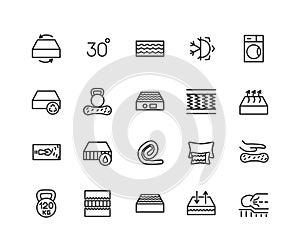 Mattress linear icons set. Latex, innerspring and memory foam mattresses. Isolated vector outline illustrations