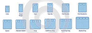 Mattress Sizes for Bed Room. Mattress and Bed Size Dimension Silhouette Icon Set. Bed Length Measurement for Bedchamber