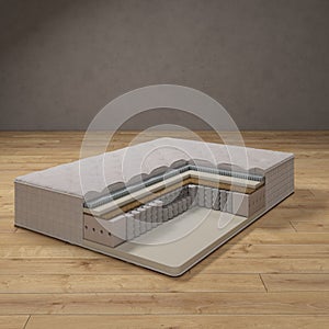 Mattress structure. constructive 3d rendering. 3d picture. In the interior on a wooden floor.