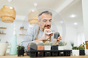 Mature Adult Man caring and wipe cactus