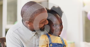 Mature African father, girl child and sitting together with care, love and bond with talk, love and smile in family home