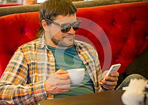 Middle age man lifestyle, guy at cafe photo