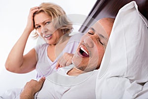 Mature angry girlfriend cannot stand guy snoring loudly