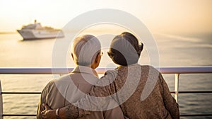 Mature asian couple on cruise ship enjoying the ocean view, back view, copy space photo