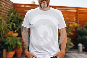 Mature bearded man on backyard of his house wearing plain white t-shirt