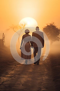 mature black couple. sunset rural road. back view, rear view, full view.