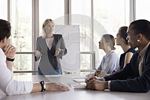 Mature business group leader woman speaking to diverse team