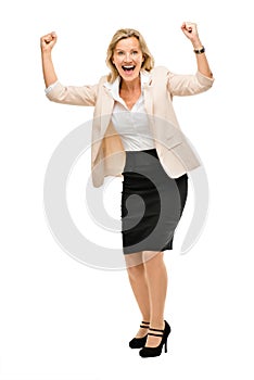 Mature business woman celebrating success full length isolated o