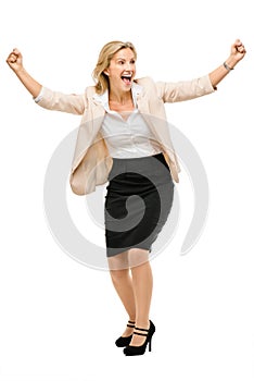 Mature business woman celebrating success full length isolated o