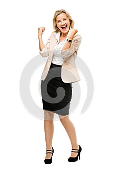 Mature business woman celebrating success full length isolated o