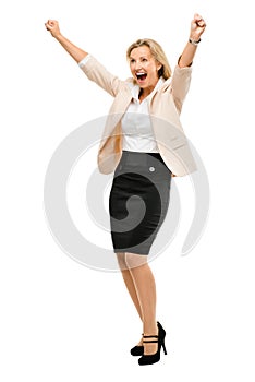 Mature business woman celebrating success full length isolated o