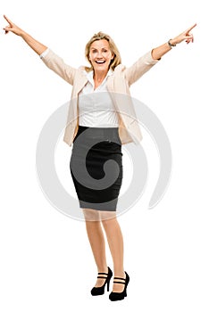 Mature business woman celebrating success full length isolated o