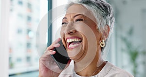 Mature business woman, phone call and window with smile in modern office for communication, vision and networking