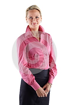 Mature Business woman. Studio shot, cropped mid-thigh, isolated on white