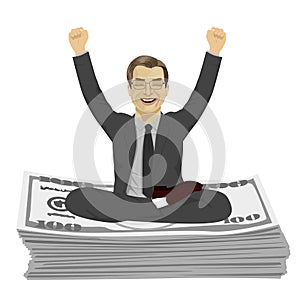 Mature businessman with arms up celebrating his success sitting on dollar bills stack