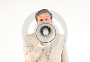 Mature businessman with megaphone