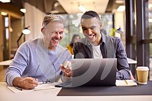 Mature Businessman Mentoring Younger Colleague Working On Laptop At Desk