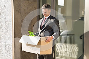 Mature Businessman Moving Out With Cardboard Box From Office