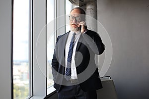 Mature businessman talking on a mobile phone standing by the window with view on city.