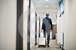 Mature businessman walking with luggage in a hotel corridor.