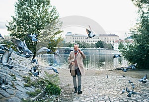 Mature businessman walking by river Vltava in Prague city, dispersing pigeons.