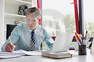 Mature businessman working and writing notes in office