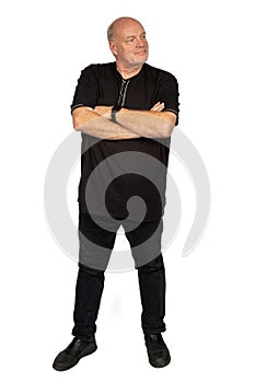 Mature Caucasian Man in Black Shirt, Full Body Portrait on White Background - Stock Photo