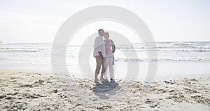 Mature couple, beach and holding hands in nature, care support or relax date on weekend adventure. Senior man, woman or