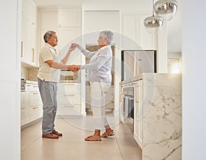 Mature couple dancing at home together for love, relax and romantic fun day. Happy husband, smile wife and intimate