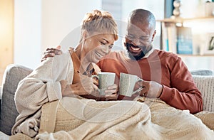Mature couple, drinking coffee on couch and laughing funny joke in living room of love, care or easy lifestyle together