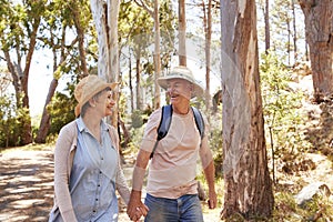 Mature Couple Hiking Along Forest Path Together