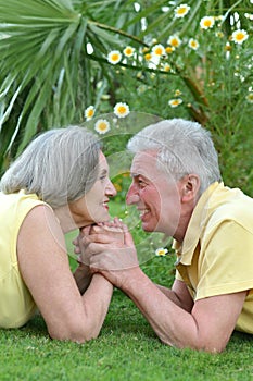 Mature couple laying on grass