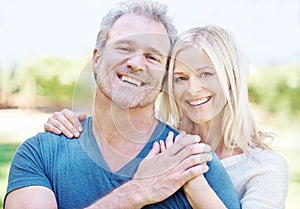 Mature, couple and portrait smile in garden for travel vacation or laughing, funny or connection. Man, woman and face or