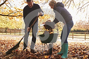 Mature Couple Raking Autumn Leaves in Garden