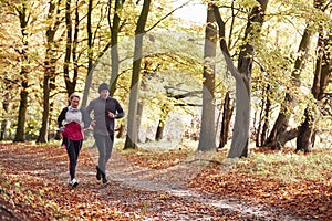 Mature Couple Running Through Autumn Woodland Together