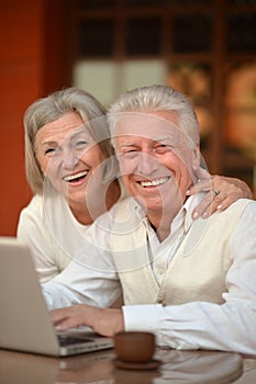 Mature couple sitting with laptop