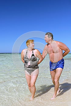 Mature couple walking on the beach.