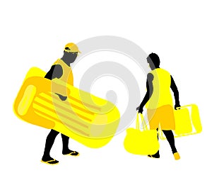 Mature couple woman and man on beach vector silhouette illustration. Senior lady sunbathing.