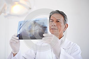 Mature dentist, man and xray of teeth for dental surgery, healthcare and oral health with treatment at clinic. Medical