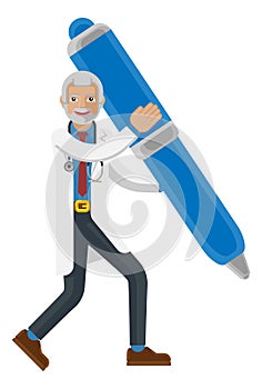 Mature Doctor Man Mascot Holding Pen Concept