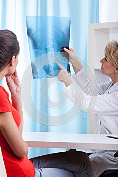 Mature Doctor shows the patient chest x-ray