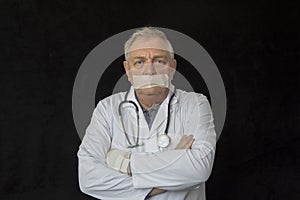 Mature doctor with tape across his mouth photo