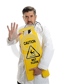 Mature Doctor with warning sign