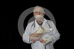 Mature doctor with tape over his mouth and holding a megaphone photo